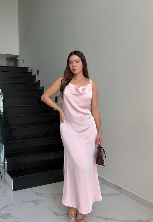 Vestido rosa pastel largo
